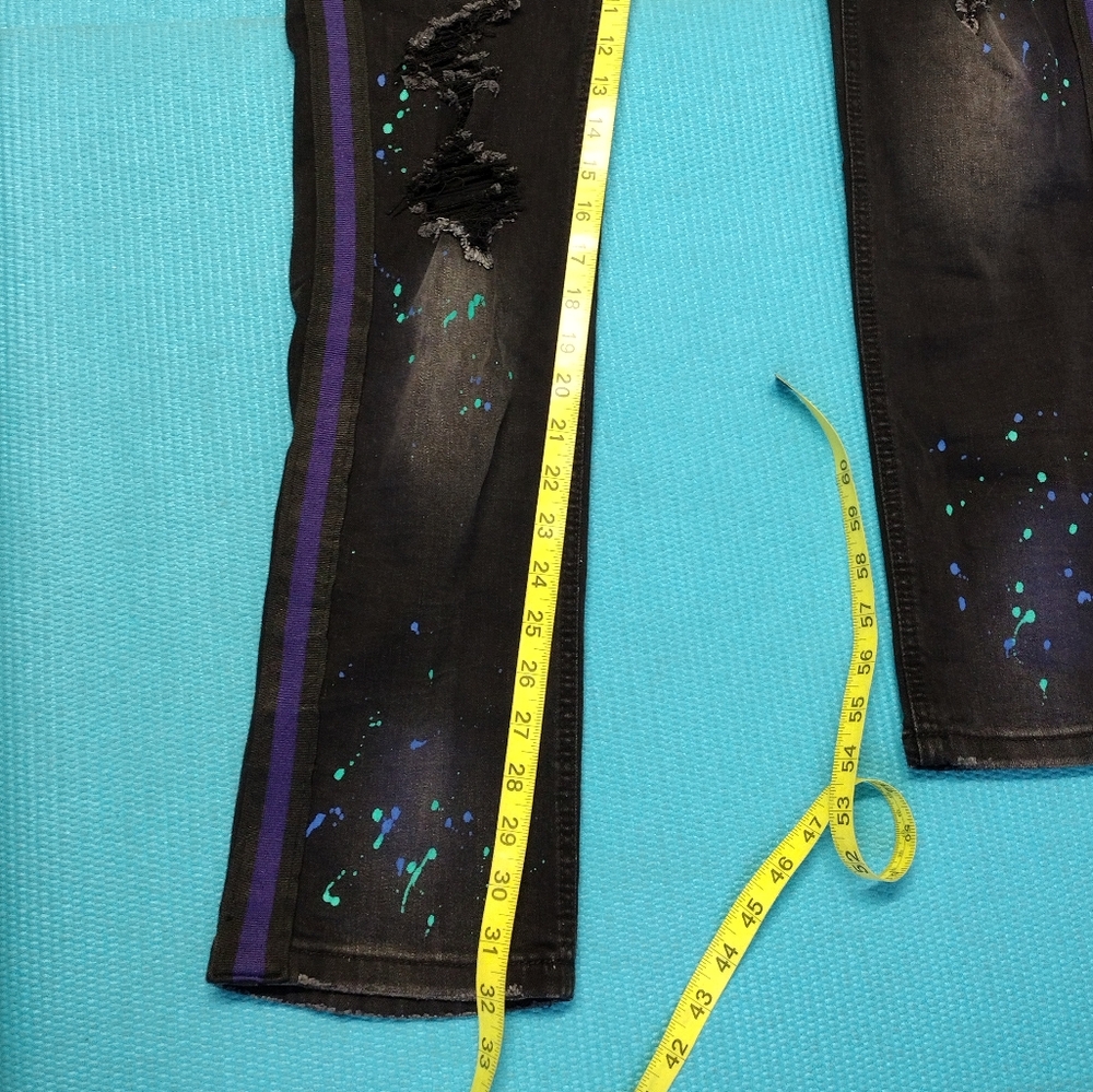 Blind Trust Mens Black Ripped Jeans Purple Stripe Paint Splatter Size 34 X32 - Picture 2 of 8